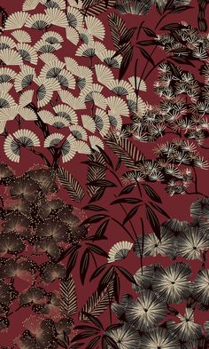 an image of flowers and leaves on a red background