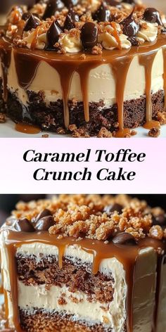 caramel toffe crunch cake on a white plate