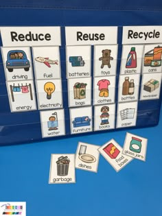 a blue plastic bag filled with pictures and words to help students learn how to use the recycle