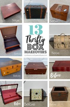 the 13 thrift box makeovers before and afters are shown in this collage