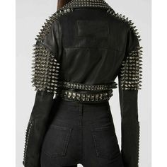 Women Silver Studs Short Body Leather Jacket | Punk Spikes Leather Jacket Edgy Winter Biker Jacket With Spikes, Edgy Spiked Winter Biker Jacket, Long Sleeve Biker Jacket With Spikes, Biker Jacket With Spikes And Long Sleeves, Punk Style Studded Outerwear For Fall, Fall Long Sleeve Biker Jacket With Spikes, Fitted Leather Jacket With Spikes For Fall, Fitted Fall Outerwear With Spikes, Fall Biker Jacket With Spikes And Long Sleeves