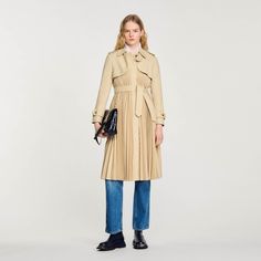 Pleated trench coat with belt | Sandro US What To Wear Winter, Spain Style, Polo Coat, Blazer And T Shirt, Coat With Belt, Fashion Moodboard, Sandro Paris, Blazer With Jeans, Tshirt Skirt