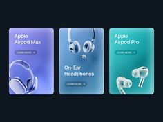 the apple airpods pro and headphones are shown in three different colors, including blue