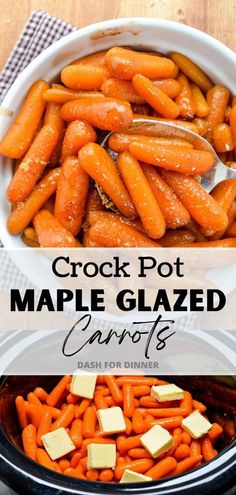 crock pot maple glazed carrots in a slow cooker with text overlay