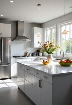 a kitchen with stainless steel appliances and white counter tops, along with flowers in a vase on the island