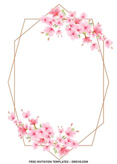 pink flowers with gold geometric frame in the middle on a white background for free printable templates