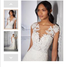 a woman in a white wedding dress standing next to a wall and looking at the camera