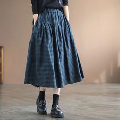 Olivia Mark - Vintage Retro Print Loose Fit High Waist A-Line Skirt Checked Skirt, Linen Casual, Elegant Skirt, Fall Skirts, Plaid Fashion, Maxi Skirts, Blue Midi Dress, Mode Vintage, Plaid Skirts