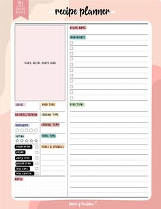 the recipe planner is shown in pink and white with black writing on it's side