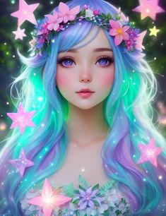 a girl with long blue hair and flowers in her hair, wearing a flower crown