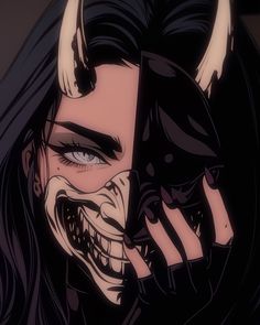 an evil woman with horns and fangs on her face