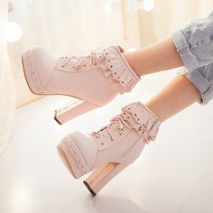 Lace Lolita Platform High Heels Boots White,14 White,14 White,14 Flower Heels, Dr Shoes, High Heeled Boots, High Heels Boots, Kawaii Shoes, Heels Classy, Heels Boots, Platform High Heels, Platform Ankle Boots