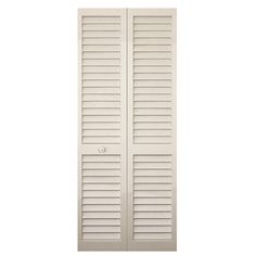 an open white door with shutters on the side and bottom panel, in front of a