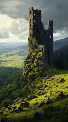 an old castle sitting on top of a lush green hillside