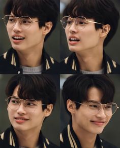 four different shots of a young man with glasses