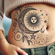 a woman's stomach with an artistic tattoo design on the side and moon in the middle