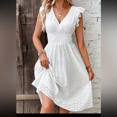 New In Bag. Nothing Says Sweet Innocence Better Than White Eyelet. Sexy White Eyelet V-Neck Fully Lined Dress With Flared Short Sleeves, Wide Smocked Waistline, And Flared Skirt. Size L. 95% Polyester, 5% Spandex. Church Fits, Embroidered Midi Dress, Summer Lace, Ruffle Sleeve Dress, Maxi Robes, Mid Length Dresses, Dress Elegant, Types Of Skirts, Flowing Maxi Dress