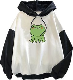 Cute Hoodie for Womens Teen Girls Long Sleeve Patchwork Tops Kawaii Graphic Sweatshirts Casual Fashion Pullover Hoodies For Teens, Aesthetic Hoodies, Patchwork Top, Cute Frog, Tops Fashion, Sweatshirt Women