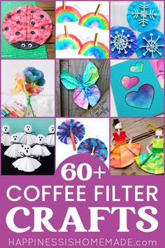 coffee filter crafts for kids with text overlay that reads 60 + coffee filter crafts