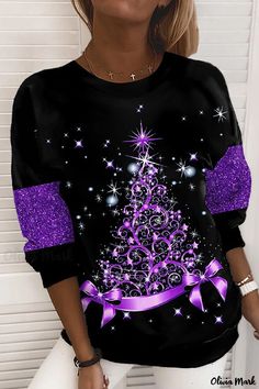 Olivia Mark - Stylish Womens Black and Purple Patchwork O-Neck Casual T-Shirt with Printed Design Plus Size Christmas Tops, Christmas Sweaters For Women, Christmas Tops, Round Neck Sweatshirts, Loose Tops, Tree Print, Pink Christmas, Black Casual, Vintage Tops