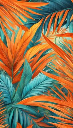 an abstract painting of orange and blue leaves