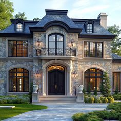 a large stone house with lots of windows on the front and side doors, surrounded by greenery