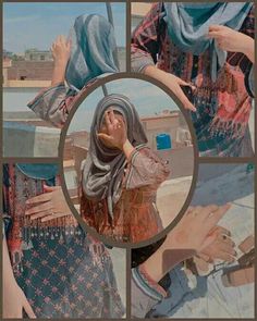 a collage of four pictures with different women wearing hijabs and scarves