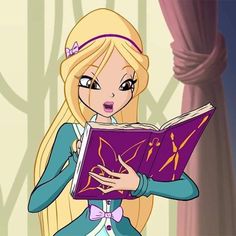 a cartoon character holding a book in her hands