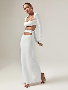 A sexy cutout detailing that lends you an alluring look. This Kynlee Cutout Bandage Set keeps a perfect balance between sophisticated and playful. Made of high quality knit, this set also has a sexy cut-outs accented at the chest and the waist, a long sleeve styling, a floor-length hem. Pair it with strappy heels and a matching clutch to make a statement!     Material: Bandage (90% Rayon, 9% Nylon, 1% Elastane)    Zippered opening at the back   Stretch Factor:    High Stretch    Clean: Gentle m Long Sleeve White Dress, Online Stylist, Shapewear Tops, Jumpsuits And Romper, Feather Dress, Maxi Dress Green, White Maxi, Fashion Styling, Embellished Dress