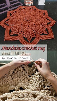 the crochet rug is being worked on by someone using yarn to make it