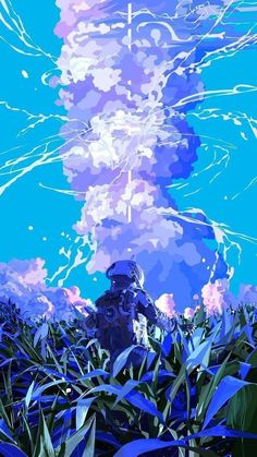 a digital painting of a man standing in the middle of a blue field with clouds