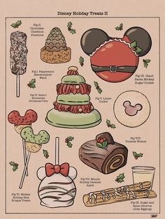 a poster with many different types of holiday treats on it's side, including cake and candy