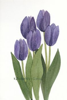 watercolor painting of purple tulips with green leaves