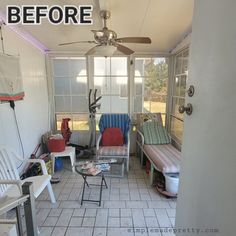 before and after photos of a screened porch with chairs, table, and ceiling fan