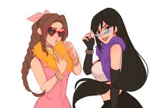 two cartoon girls with long black hair and sunglasses