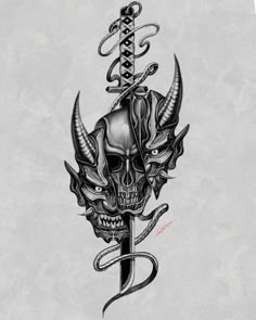 Oni Skull Tattoo, Tattoo Mask Japanese, Cool Mens Tattoos, Cyberpunk Tattoo Design Ideas, Japanese Skull Tattoo, Oni Mask Tattoo Design Ideas, Japanese Demon Tattoo, Stammestattoo Designs