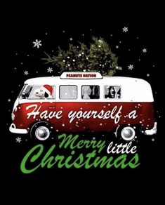 a red and white bus with a christmas tree on the top that says, have yourself a merry little christmas