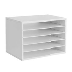 a white shelf with five shelves on each side and one drawer open to show the contents