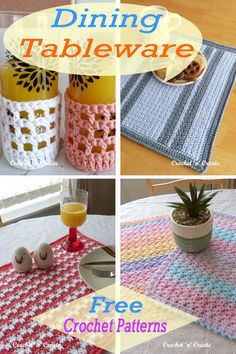 crocheted dining tableware is shown in four different pictures with the text, free crochet patterns