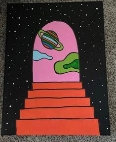 a painting on the ground with stairs leading up to an open door and planets in the sky