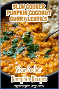 🍛🎃 Dive into a bowl of cozy goodness with these Slow Cooker Pumpkin Coconut Curry Lentils! Creamy coconut milk, aromatic spices, and the subtle sweetness of pumpkin make this dish a delightful and nutritious meal. Perfect for busy weeknights or meal prep, just set it and forget it for an effortless, flavorful feast. Pin now and savor the taste of autumn comfort! 🍁🥥 #PumpkinCurryLentils #SlowCooker #ComfortFood #FallRecipes #EasyMeals #HealthyEating #AutumnFlavors #SlowCookerPumpkinRecipes #AutumnRecipes #SlowCookerCurry Coconut Curry Chickpeas With Pumpkin, Slow Cooker Pumpkin Curry, Pumpkin Coconut Curry, Pumpkin Couscous, Coconut Curry Lentils, Pumpkin Beef Stew, Healthy Crock Pot Recipes, Curry Lentils, Slow Cooker Vegan