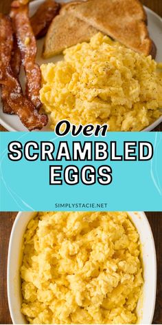 scrambled eggs with bacon on the side and in a bowl next to toasted english muffins