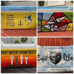 four different coolers that have been painted on the side of each one, including one with