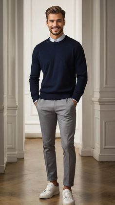 Stylish Men Unite: 12 Winning Smart Casual Looks for Every Man 46 Men Real Estate Outfits, Office Outfits Men Business, Mens Elegant Outfit, Men Outfit Ideas Formal Classy, Office Outfit Men Casual, Gray Chinos Men Outfits, Men S Business Casual, Men Casual Winter Outfits, Men’s Business Fashion