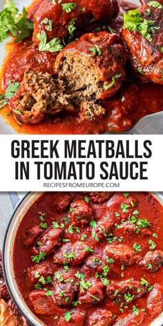 greek meatballs in tomato sauce with parsley garnish on top and another image above