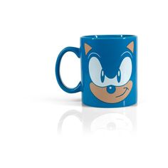 a blue mug with an image of sonic the hedgehog on it's side