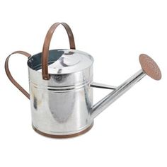 a metal watering can with a wooden handle