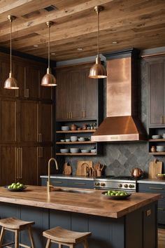 a large kitchen with wooden cabinets and counter tops, two stools in front of the island