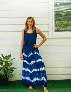 Embrace the summer with this Shibori Indigo Hand Dyed Dress. Ideal for beach outings, lounging at home, or casual summer wear, this dress is handmade from soft and comfy 100% rayon. With an adjustable racerback style, it offers a flexible fit for various body types.  Key Features * Material: Soft and comfy 100% rayon * Style: Adjustable racerback knot dress * Design: Hand-dyed Shibori pattern in indigo and white * Length: 54 inches from the high point of shoulder to hem * Bust: Fits bust sizes 3 Bohemian Natural Dye Maxi Dress For Summer, Bohemian Maxi Dress With Natural Dye For Summer, Hand Dyed Flowy Summer Dresses, Hippie Hand Dyed Summer Dresses, Hippie Hand-dyed Summer Dresses, Cotton Beachy Maxi Dress For Beach Season, Summer Tie-dye Maxi Dress With Natural Dye, Summer Tie Dye Maxi Dress With Natural Dye, Summer Tie-dye Natural Dye Maxi Dress