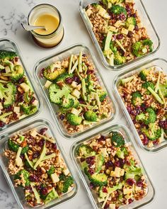 six glass containers filled with different types of food